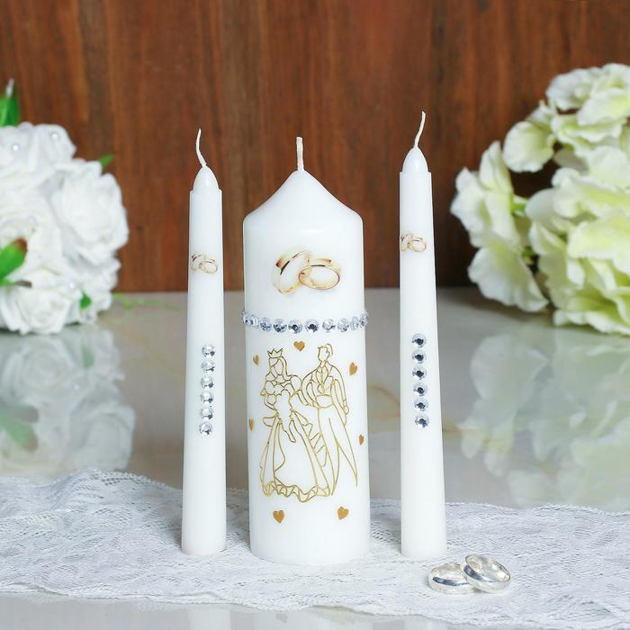 Набор свадебных свечей с бусинами  Набор свадебных свечей с бусинами "Обручальные кольца", белый, ручная работа, микс