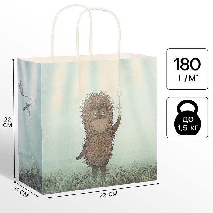 Пакет подарочный, 22х22х11 см, крафт, упаковка, Ёжик в тумане Пакет подарочный, 22х22х11 см, крафт, упаковка, Ёжик в тумане