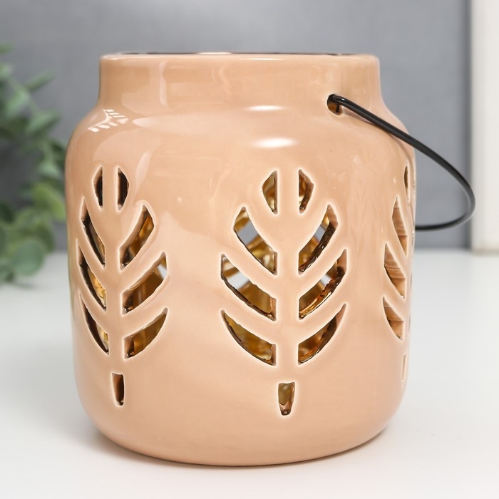 Подсвечник керамика на 1 свечу Подсвечник керамика на 1 свечу "Фонарь. Листья" внутри золото МИКС 11,5х9,5х9,5 см