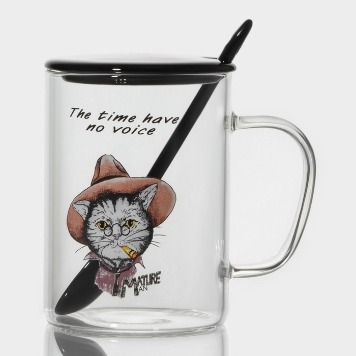 Кружка стеклянная с керамической крышкой и ложкой «Хипстер», 450 мл, рисунок МИКС Кружка стеклянная с керамической крышкой и ложкой «Хипстер», 450 мл, рисунок МИКС