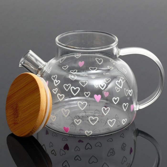 Чайник стеклянный заварочный с бамбуковой крышкой «Сердечки», 600 мл Чайник стеклянный заварочный с бамбуковой крышкой «Сердечки», 600 мл