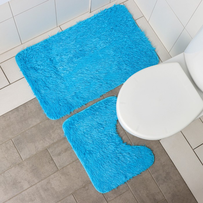 Коврики для ванной и туалета Доляна «Пушистик», 2 шт: 40×50, 50×80 см цвет голубой