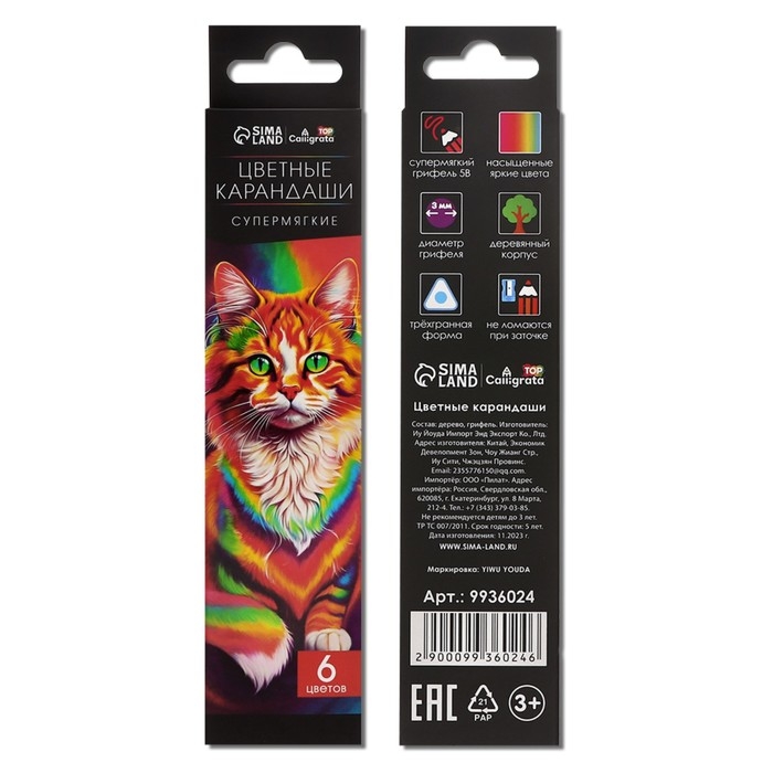 Карандаши 6 цветов TOP Calligrata, в картонной коробке, диаметр грифеля - 3мм, 5B Карандаши 6 цветов TOP Calligrata, в картонной коробке, диаметр грифеля - 3мм, 5B