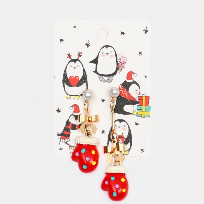 Новый год! Серьги «Варежки» висячие, цвет красно-белый в золоте Новый год! Серьги «Варежки» висячие, цвет красно-белый в золоте