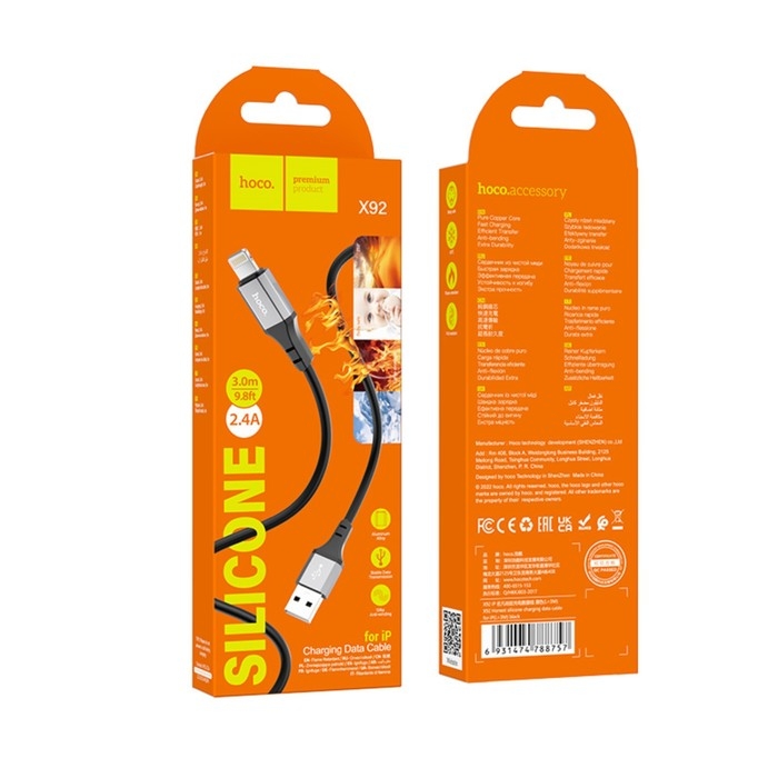 Кабель Hoco X92, Lightning - USB, 2.4 А, 3 м, оплётка силикон, чёрный Кабель Hoco X92, Lightning - USB, 2.4 А, 3 м, оплётка силикон, чёрный