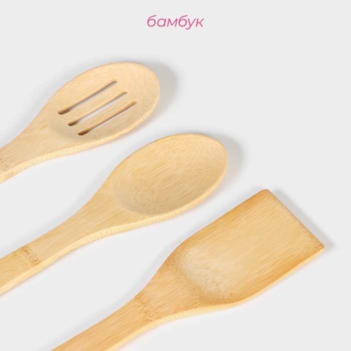 Набор кухонных принадлежностей Доляна «Бамбуковый лес», 3 предмета на подставке: 1 лопатка, 2 ложки Набор кухонных принадлежностей Доляна «Бамбуковый лес», 3 предмета на подставке: 1 лопатка, 2 ложки