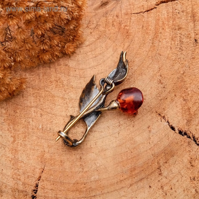 Брошь &laquo;Янтарь&raquo; роза с бутоном, цвет коньячный в бронзе