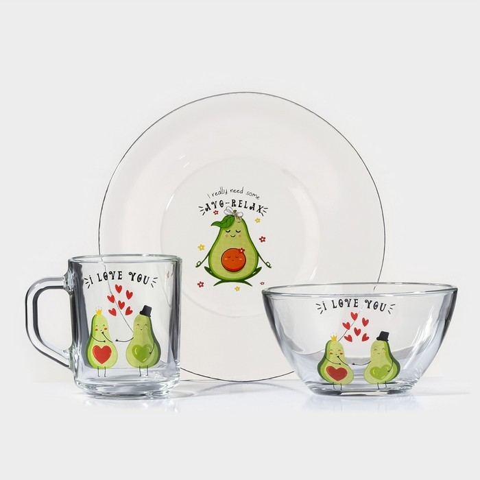 Набор для завтрака «Авокадо», 3 предмета: кружка 200 мл, салатник 450 мл, тарелка, рисунок микс Набор для завтрака «Авокадо», 3 предмета: кружка 200 мл, салатник 450 мл, тарелка, рисунок микс
