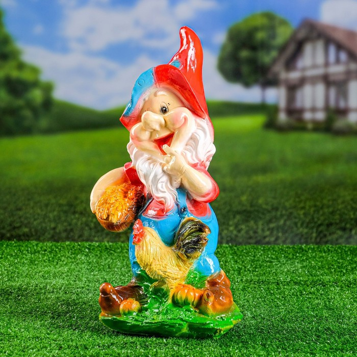 Садовая фигура "Гном с петухом" 15х20х42 см