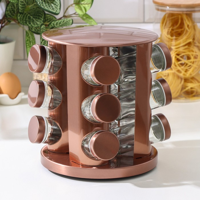 Набор для специй из стекла на подставке &laquo;Профи&raquo;, 100 мл, 19&times;20 см, 12 шт, цвет бронзовый