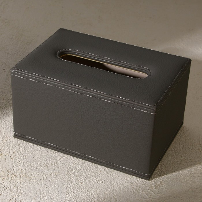 Шкатулка - диспенсер из искусственной кожи, цвет серый 10 х 18 х 10 см (салфетница)