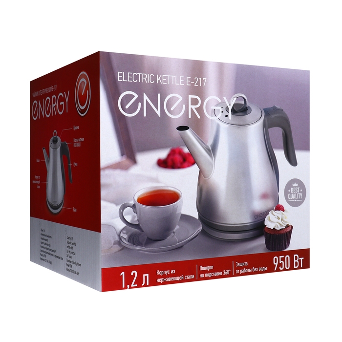 Чайник электрический Energy E-217, металл, 1.2 л, 950 Вт, серебристый Чайник электрический Energy E-217, металл, 1.2 л, 950 Вт, серебристый