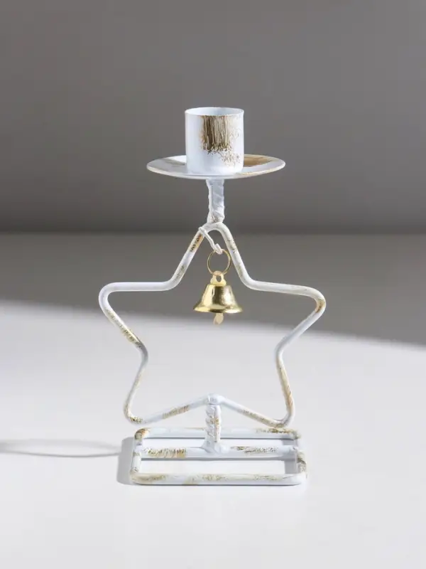 Подсвечник металл на 1 свечу  Подсвечник металл на 1 свечу "Звезда с колокольчиком" белый с патиной d=2,3 см 9,3х7,4х17 см   10875