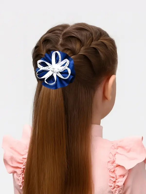 Бант для волос на резинке &laquo;Школьница&raquo;, ленточка и бусинки, d=7 см, сине-белый