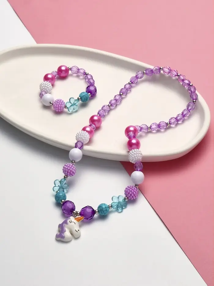 Набор детских украшений &laquo;Выбражулька. Единорог в цветах&raquo;, 2 предмета: бусы 45 см, браслет, d=5 см, фиолетовый