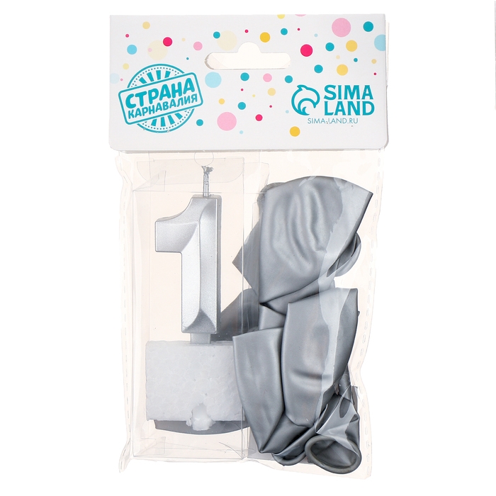 Свечи для торта + 5 шаров, цифра 1, серебро Свечи для торта + 5 шаров, цифра 1, серебро