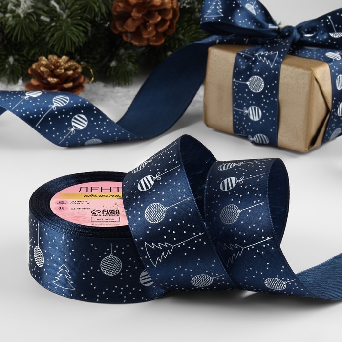Новый год! Лента атласная «Ёлочные игрушки», 40 мм, 23 ± 1 м, цвет тёмно-синий №038 Новый год! Лента атласная «Ёлочные игрушки», 40 мм, 23 ± 1 м, цвет тёмно-синий №038