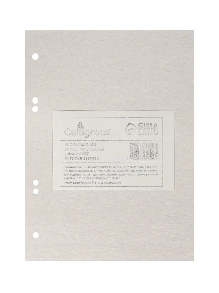 Сменный блок для тетрадей на кольцах А5, 80 листов в клетку, Calligrata, белый 100%