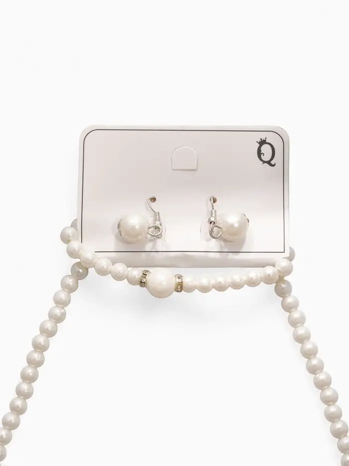 Набор 3 предмета: серьги, колье, браслет &laquo;Жемчуг&raquo;, элегантный, белый в серебре