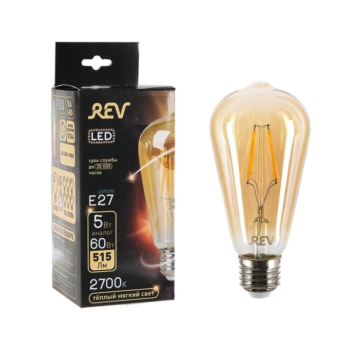 Лампа светодиодная REV LED FILAMENT VINTAGE, ST64, E27, 5 Вт, 2700 K, теплый свет Лампа светодиодная REV LED FILAMENT VINTAGE, ST64, E27, 5 Вт, 2700 K, теплый свет