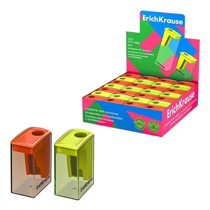 Точилка ErichKrause. City Mini Neon, с контейнером, МИКС