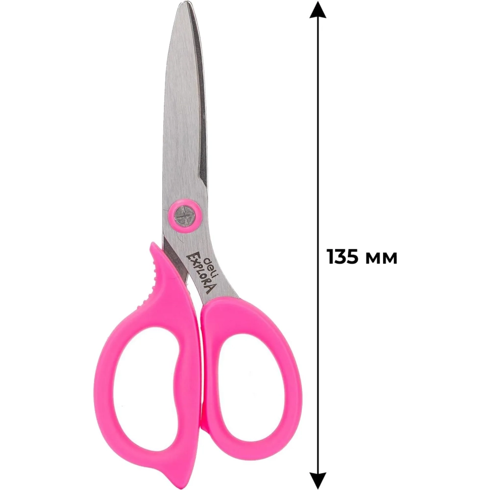 Ножницы детские Deli Explora E77755, сталь, ассиметр ручки, 135 мм, розовый