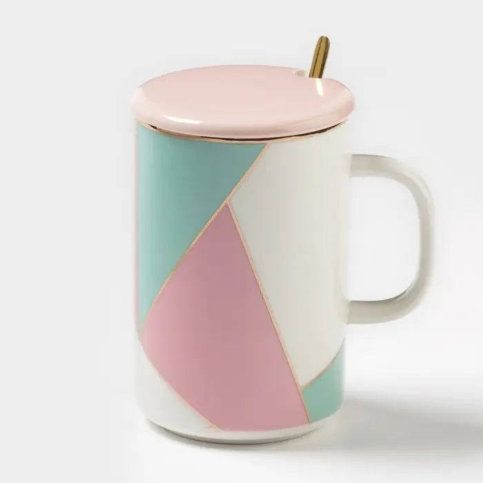 Кружка с крышкой и ложкой &laquo;Анабель&raquo;, 400 мл, керамика, рисунок МИКС