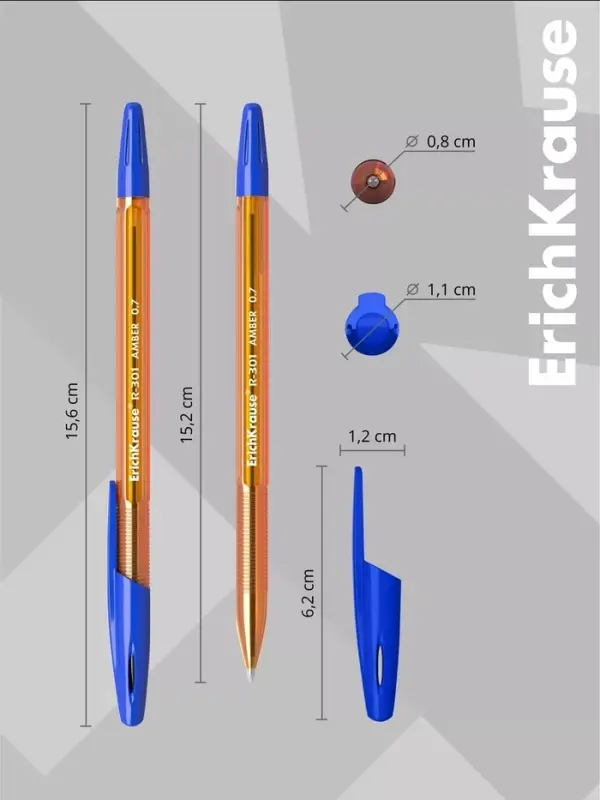 Ручка шариковая ErichKrause. R=301 Amber Stick, синий стержень, узел 1 мм
