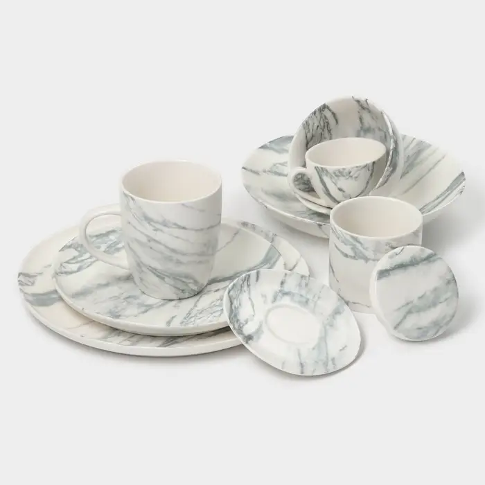Чайный сервиз Magistro Real Marble, 2 персоны, 4 предмета: 2 чашки 120 мл, 2 блюдца d=12.5 см, фарфор, белый, серый