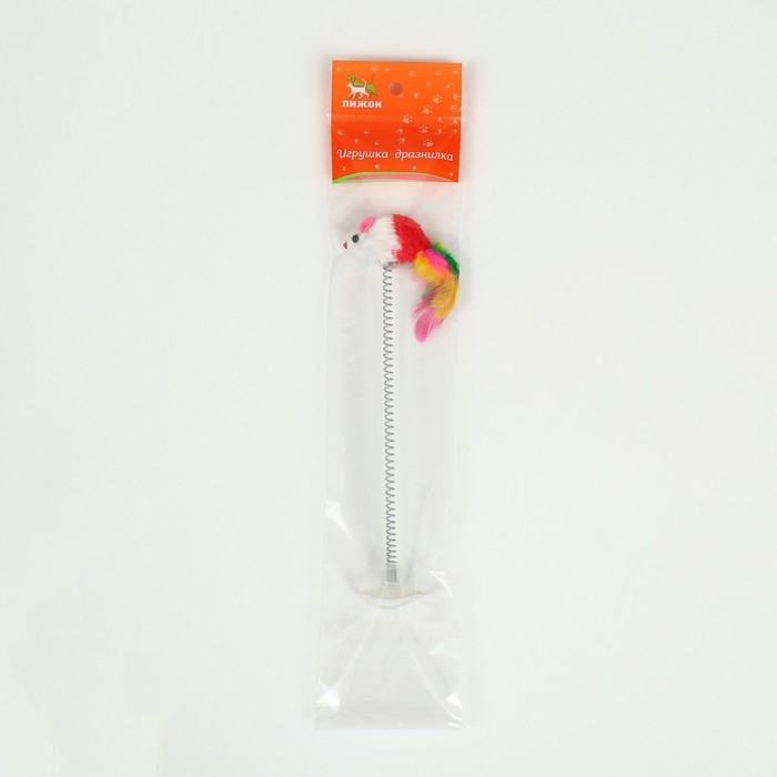 Дразнилка  Дразнилка "Мышь на присоске", искусственный мех с цветными перьями,24 см, мышь красная/белая