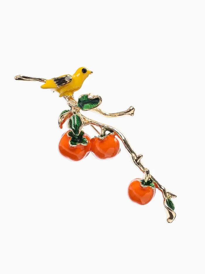 Брошь &laquo;Птица на ветке&raquo; хурма, цвет оранжевый в золоте