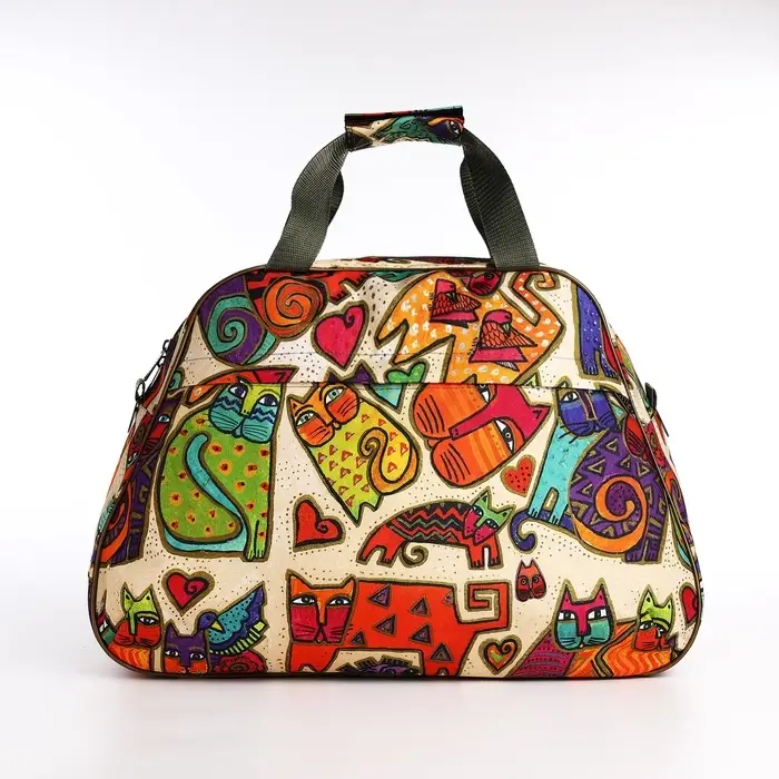 Сумка дорожная на молнии, 2 наружный кармана, длинный ремень, цвет бежевый/разноцветный Сумка дорожная на молнии, 2 наружный кармана, длинный ремень, цвет бежевый/разноцветный