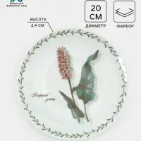 Тарелка Добрушский завод &laquo;Ботаника&raquo;, d=20 см, фарфор, белая, рисунок МИКС