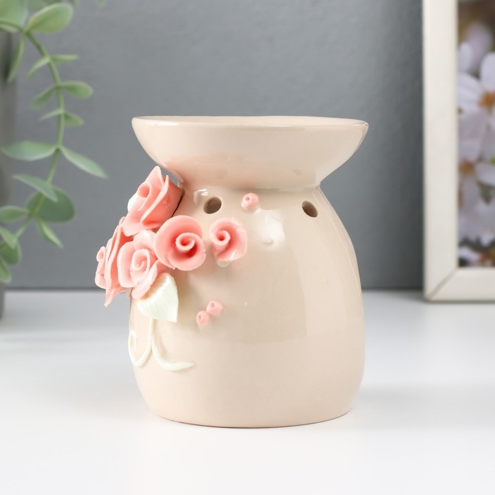 Аромалампа керамика  Аромалампа керамика "Розовые розы с листиками" бежевая 7,5х7,5х9 см