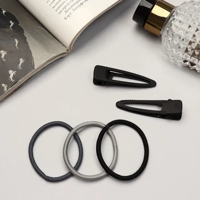 Набор для волос QF &laquo;Лиора&raquo;, 6 резинок, 2 заколки 5 см, классика, чёрно-серый