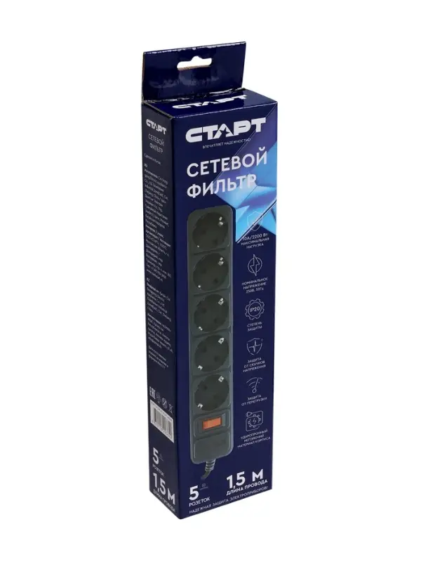 Сетевой фильтр СТАРТ, 5 розеток, 1,5 м, 10А, ПВС 3*0,75 мм2, с з/з, с выкл, IP 20, черный Сетевой фильтр СТАРТ, 5 розеток, 1,5 м, 10А, ПВС 3*0,75 мм2, с з/з, с выкл, IP 20, черный