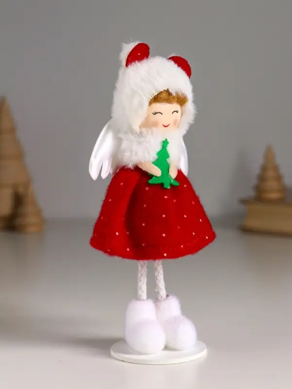 Кукла интерьерная "Ангелочек в красном платье, с ёлочкой в руках" 8х5,5х16 см