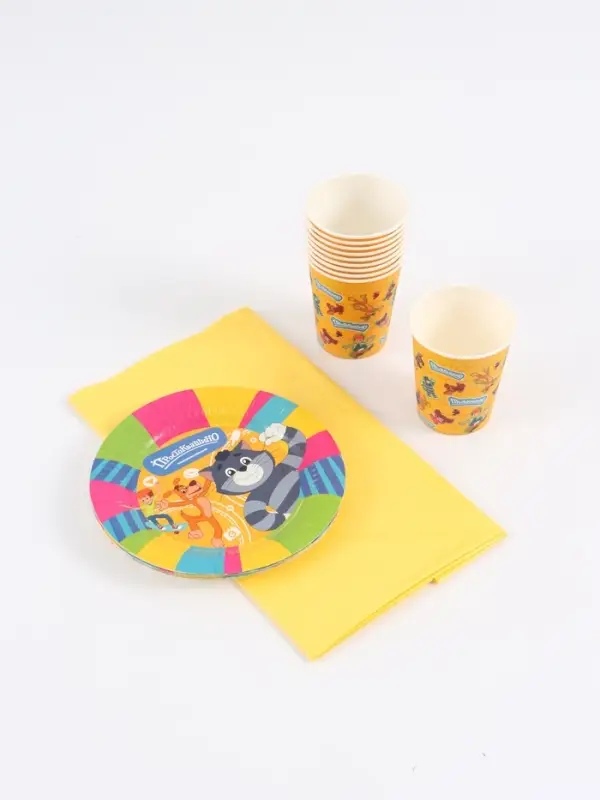 Посуда одноразовая бумажная на 10 персон «Простоквашино»: стаканы, тарелки, скатерть, Союзмультфильм Посуда одноразовая бумажная на 10 персон «Простоквашино»: стаканы, тарелки, скатерть, Союзмультфильм