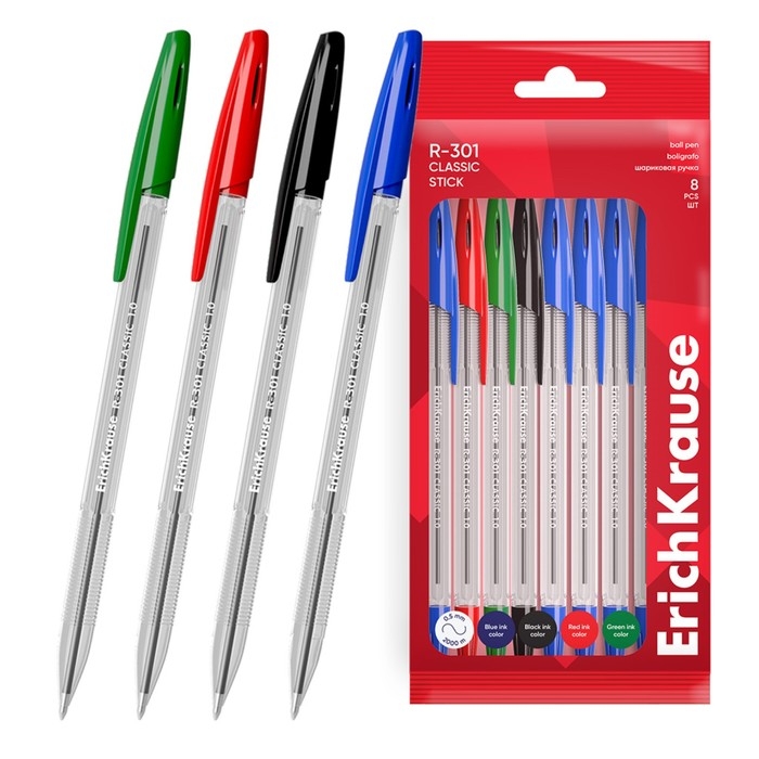 Набор ручек шариковых 8 шт, ErichKrause, R-301 Stick Classic узел 1.0 мм, микс Набор ручек шариковых 8 шт, ErichKrause, R-301 Stick Classic узел 1.0 мм, микс