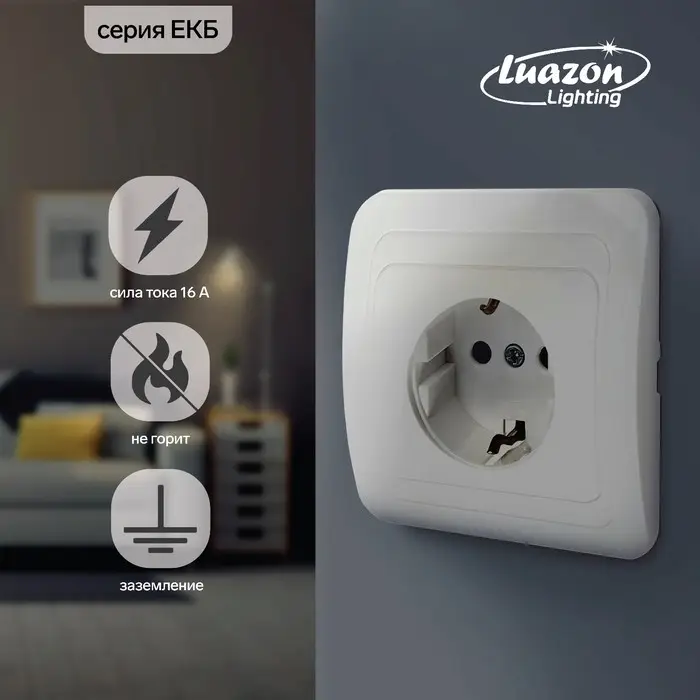 Розетка одноместная Luazon Lighting  Розетка одноместная Luazon Lighting "ЕКБ", 16 А, с з/к, белая