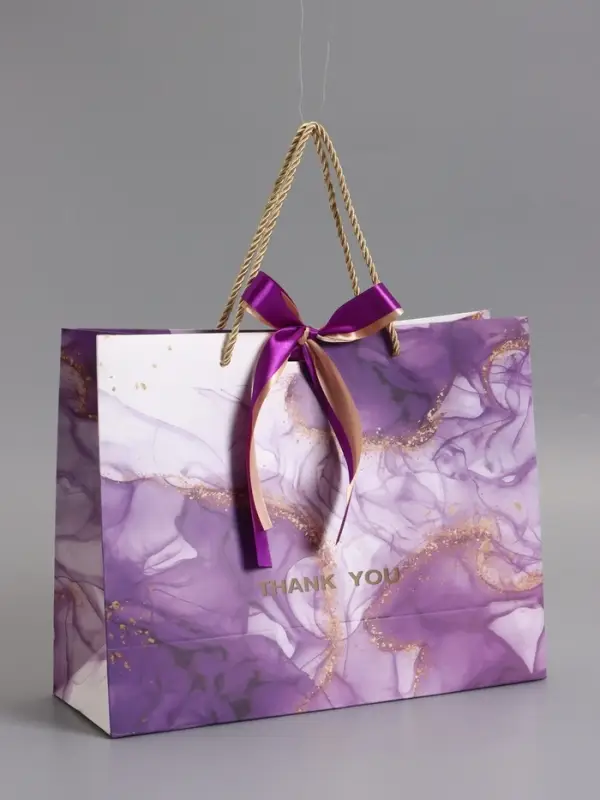 Пакет подарочный "Мрамор", фиолетовый с бантиком, 32 х 25 х 11 см