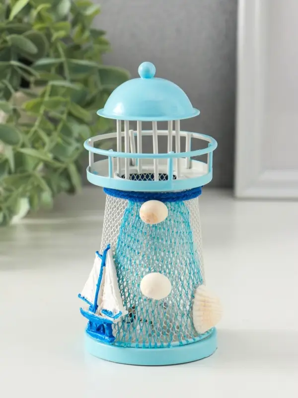 Сувенир настольный Сувенир настольный "Маяк с корабликом" сетка, голубой, 3хLR1130, RGB, LED 7,5х7,5х18 см