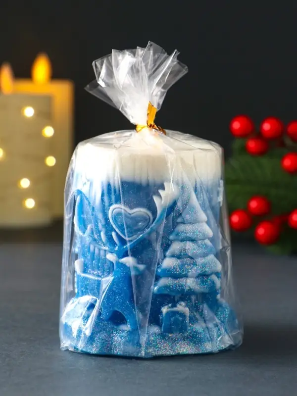 Свеча новогодняя столбик  Свеча новогодняя столбик "Сказочный лес" 75х85 мм, синий