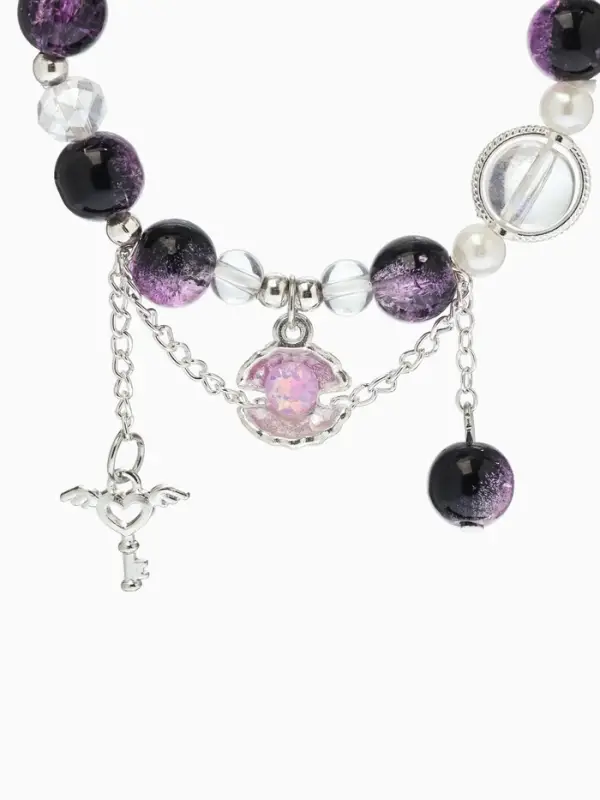 Браслет с подвесками "Сахарный" ракушка, шар №10/8, цвет чёрно-фиолтеовый в серебре