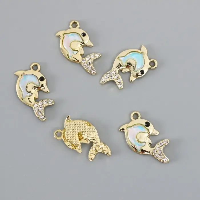 Декор для творчества металл, стразы "Двойной дельфин" голубой 2,2х2,1 см