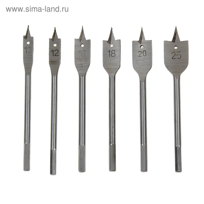 Набор сверл перовых Sparta, по дереву, 10-12-16-18-20-25 мм, 6 шт, 6-гранный хвостовик Набор сверл перовых Sparta, по дереву, 10-12-16-18-20-25 мм, 6 шт, 6-гранный хвостовик