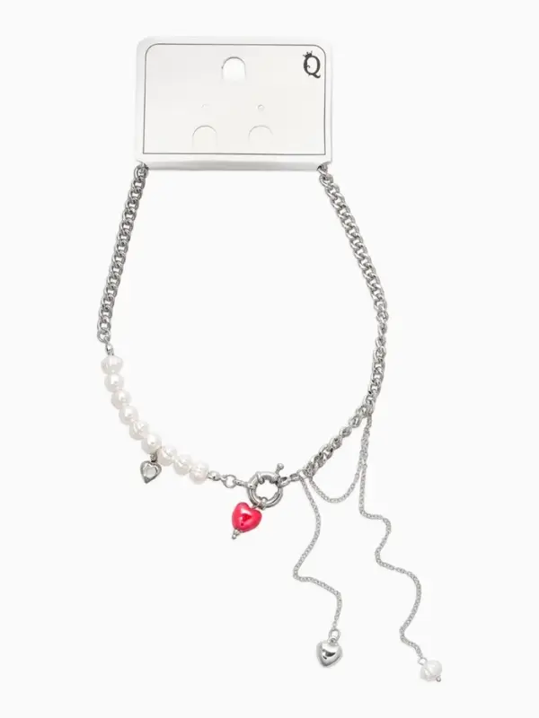 Колье &laquo;Сердце&raquo; керамика, на цепочке с жемчугом, цвет красно-белый в серебре, L=35+7см