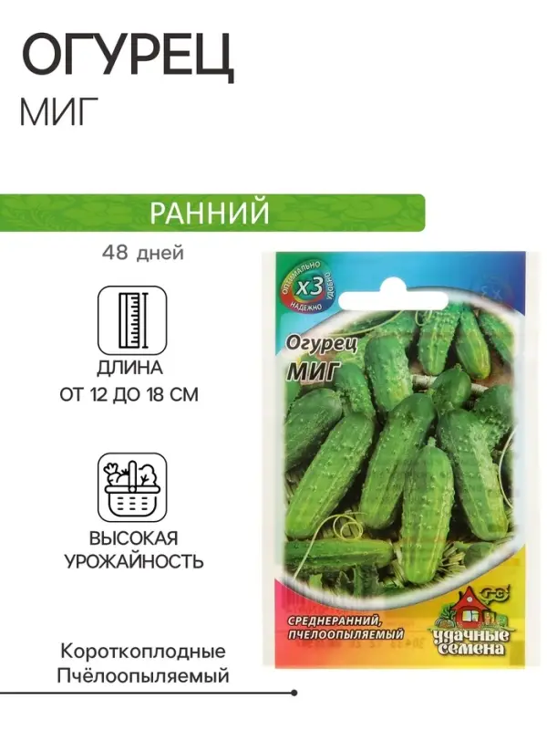 Семена Огурец Семена Огурец "Миг", раннеспелый, пчелоопыляемый, 0,3 г серия ХИТ х3
