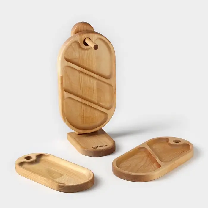 Набор деревянных менажниц и сервировочных досок на подставке Adelica, 3 шт., 25&times;14 см, 23&times;12 см, 21&times;10 см