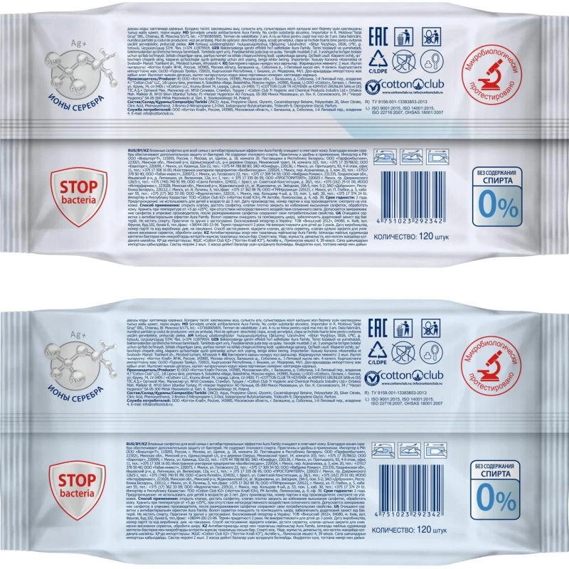 Салфетки влажные AURA антибак Family 120шт с крышкой